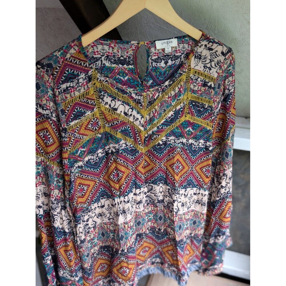 UMGEE Mixed Geometric Print Ladder Lace Trim Boho Blouse Medium